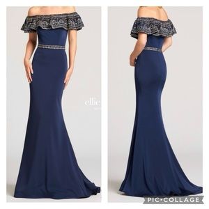 Ellie Wilde Mon Cherie Dress Off the Shoulder Embellished Blue Evening Gown 2